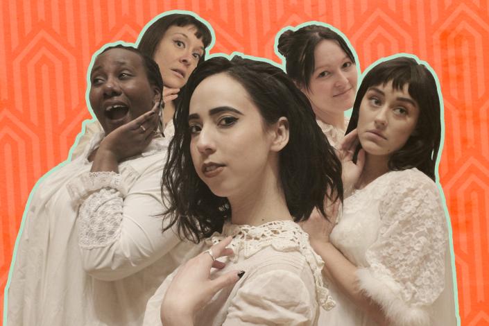 5 women in nightgowns pose against an orange background