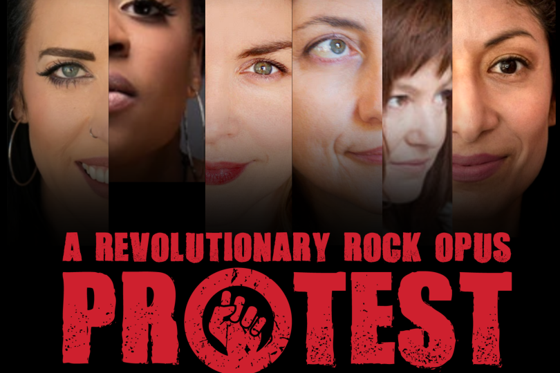 Protest logo - songwriters Kat Perkins, Ashley DuBose, Linnea Mohn, Barbara Cohen, Dina Maccabee, Nora Montanez