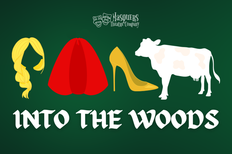 Pictograph images of a blond braid, red cloak, high heeled shoe, and a white cow text says Into the Woods