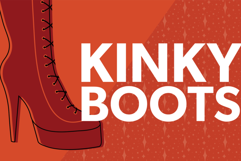Kinky Boots in white text on reddish-orange background