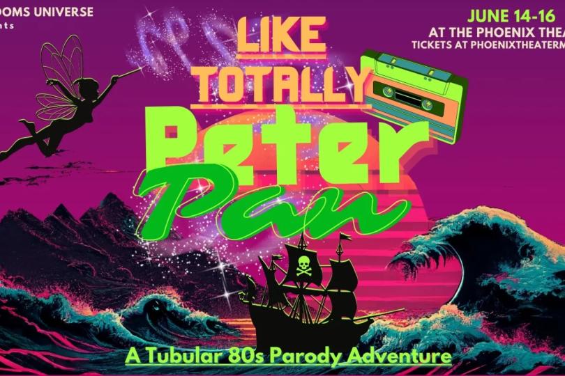 A totally tubular wave caries an 80's pirate ship across a neon sea with a large cassette tape floating next to radical font that reads Like totally peter pan