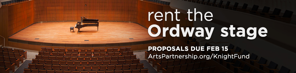 Ordway Concert Hall, with empty seats and piano centered on stage. Text: "Rent the Ordway stage. Proposals due February 15. ArtsPartnership.org/KnightFund"