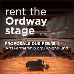 Piano on Ordway Concert Hall stage, with view of seats. Text: "Rent the Ordway stage. Proposals due February 15. ArtsPartnership.org/KnightFund"