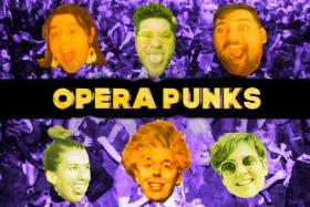Text reads Opera Punks. Six actors heads on a purple background. 