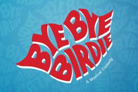 Blue background with red text that reads "Bye Bye Birdie." White text below reads "A Musical Comedy."