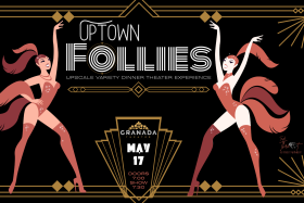 Two cartoon showgirls in feathers and sparkles present a sign that reads uptown follies.