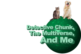 A tabby cat and a golden retriever sit on a green sphere with the title of the show intersecting the sphere