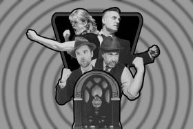 A black and white image with a spiral background and four people in the middle behind a jukebox
