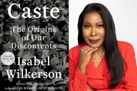 Cover of Isabel Wilkerson's book Caste next to a portrait of the author.