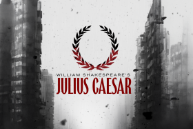 A war-torn urban street with "William Shakespeare's Julius Caesar" overlayed