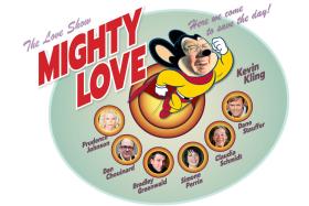 Cartoon/illustrated show poster with the cast's headshots.