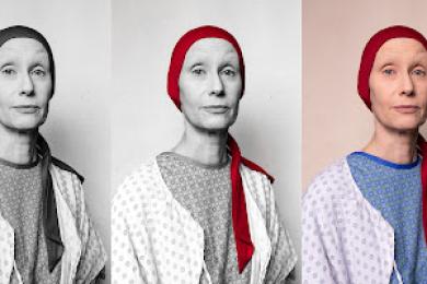 A woman wearing a hospital gown and a red head scarf appears sitting in three identical images. The first image is black and white, the second adds the color of the red scarf, the third shows the image in full color.