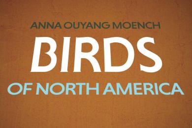 Sepia background with white & blue text; Birds of North America by Ouyang Moench