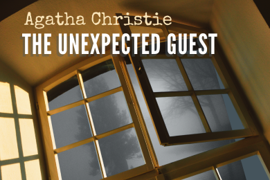 A window cracked open, showing a foggy night outside.  Agatha Christie's The Unexpected Guest