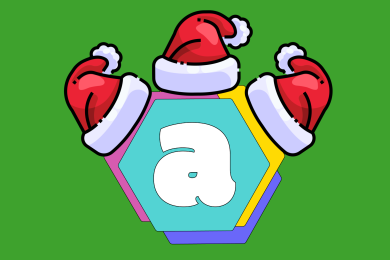 Three santa hats on a letter "a" on a green background