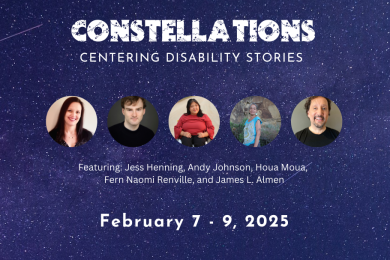 Participant headshots from left to right: Jess Henning, Andy Johnson, Houa Moua, Fern Naomi Renville, and James L. Almen, in front of a dark purple starry background. 