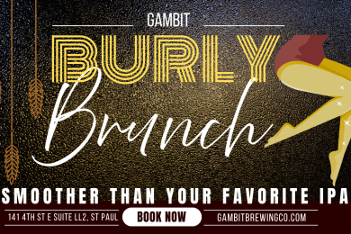 Burlesque girls leg frames the Broadway style title Burly Brunch with cascading wheat surrounding