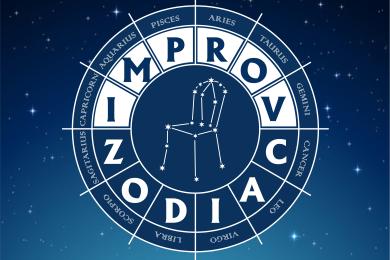 A zodiac wheel chart with the show title in white text over a starry sky background