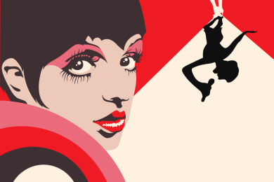 A flat graphic illustration of Liza Minelli - a woman with short black hair and pink eyeshadow on a red and off-white background