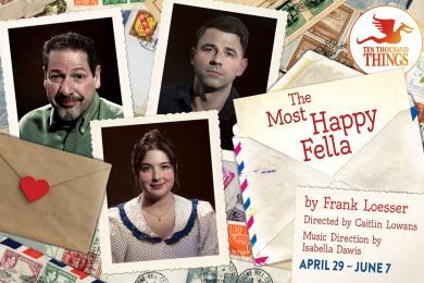 ​A trio of actors in photo frames surrounded by letters and envelopes with the the words "The Most Happy Fella by Frank Loesser"