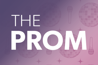 Purple and pink background with white text that reads The Prom