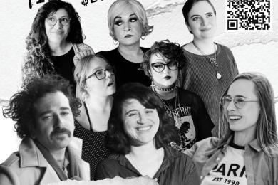A digital collage of black and white images of the performers