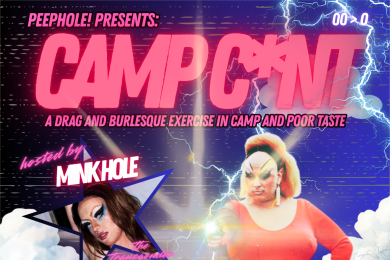 Pink text on a dark blue and black gradient background with lightning strikes, photos of the performers