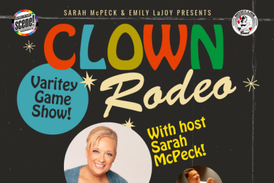 Muted red-orange, blue, yellow, and green text on a dark grey background and a photo of the host