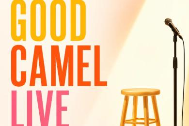 Yellow, orange, and pink text show title; a wooden stool seated next to a microphone on a stand in front of an off-white background