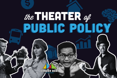 White and light blue text on a dark blue background with light blue illustrated icons of a house, a brain, a dollar sign, a bus and black and white photos of some of the performers