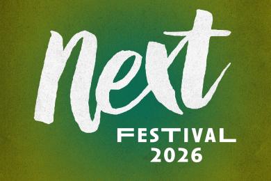 The text "Next Festival 2026" over a teal and green textured background
