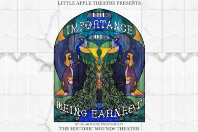 Little Apple Theatre presents The Importance of Being Earnset. Stained glass depiction of two women in profile holding hands with two large peacocks. Show performs at 7:00 p.m. on July 18th, 19th, 24th, 25th, 27th, 31st and August 1st. Matinee performances are also advertised at 2:00 on July 19th, 26th, and August 1st