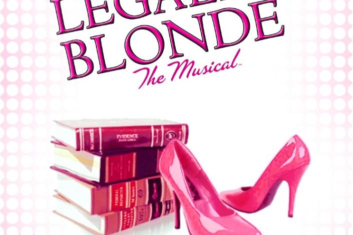 Show poster for Hopkins Royal Productions. The words "Legally Blonde - The Musical" in pink text above a stack of pink hardbound law books which lie on their side next to a shiny pair of hot pink, patent leather stiletto high heel shoes, on a white background with a light pink grid overlay. On the bottom third of the poster in black text: November 17th through November 19th.