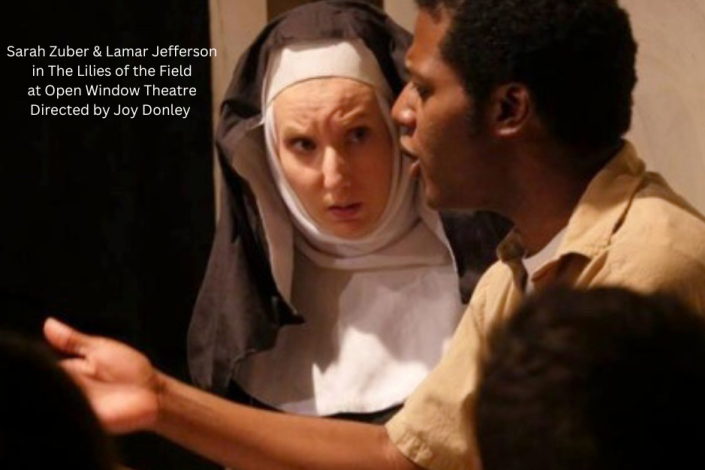 A white nun looks quizzically at a young Black man who is speaking to her.