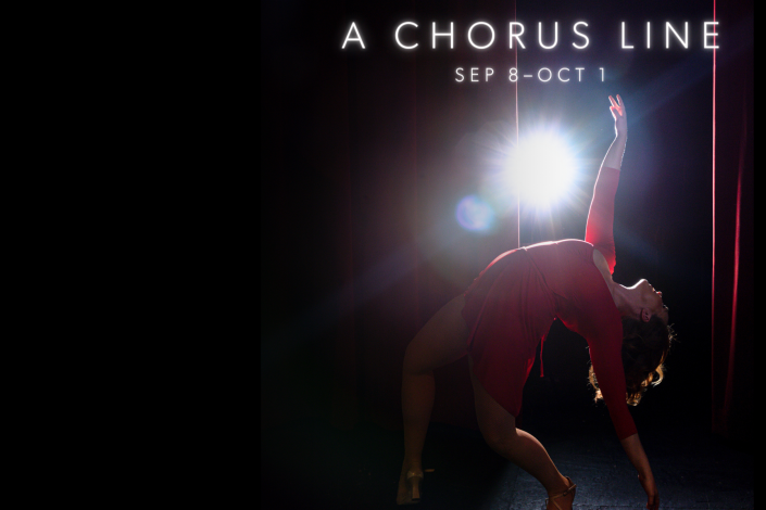 A Chorus Line with Sep 8 dash Oct 1 directly underneath in white text on dark background of a dancer in a red leotard doing a backbend