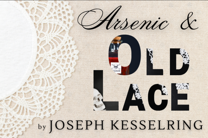 a lace doily. Cursive text "arsenic & Old Lace." a skull and bottle of poison are peeking out from behind the text.