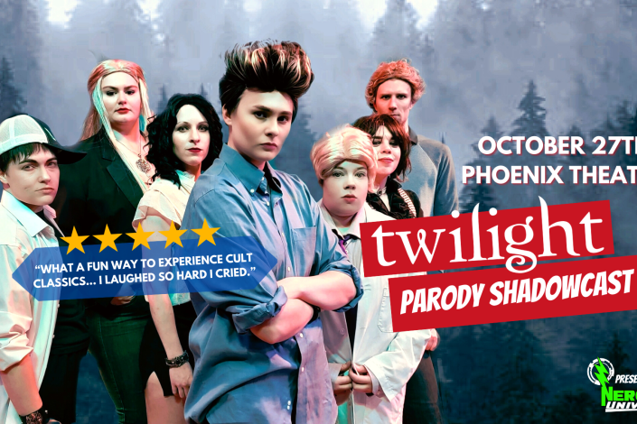 A cast of parody actors stand stoically dressed as the Culluns from the Twilight series. There are misty pine tress in the background.