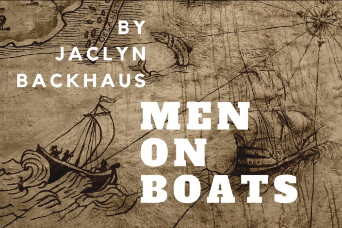 Map with sketched boats. "By Jaclyn Backhaus; Men on Boats."