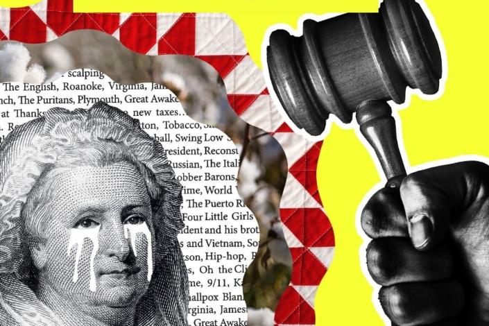 A black fist holding a gavel is coming down on a collage of Martha Washington. She weeps white tears.