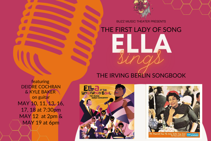 Magenta background with orange microphone graphic and Ella Fitzgerald album covers