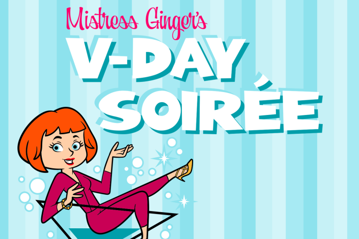 Pink and white text on a striped blue background, an illustrated character sitting in a martini glass