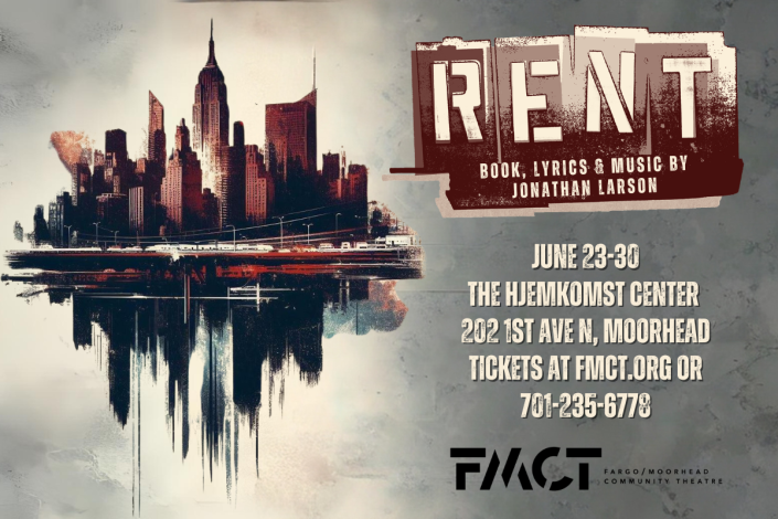 Rent: a grunge-look rendering of the New York City skyline. Block lettering spells out "Rent"