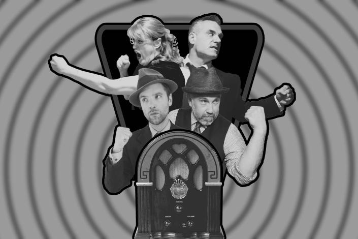 A black and white image with a spiral background and four people in the middle behind a jukebox
