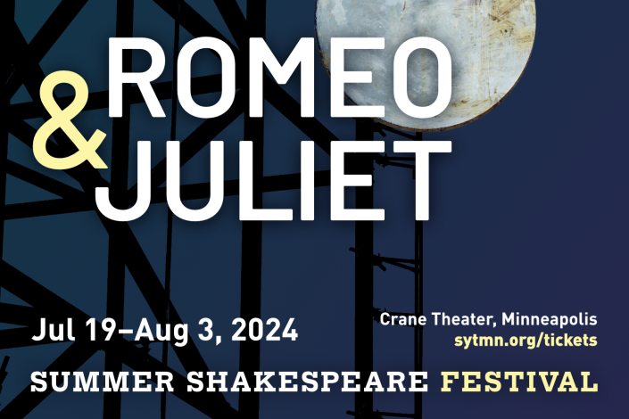 Romeo & Juliet text on a blue background. Moon is in the background. 