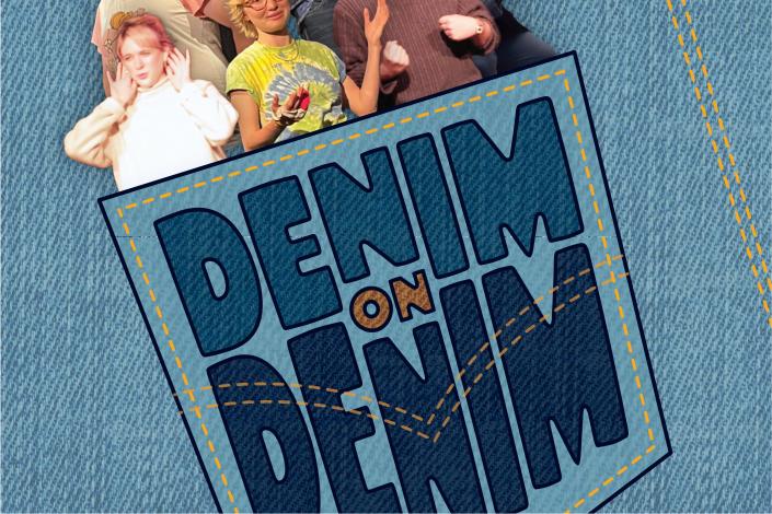 The show title on a back pocket of a pair of jeans with images of the comedians placed as though they are coming out of the pocket