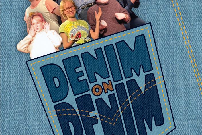 A blue jean pocket with yellow stitching with people peeking out and gesturing, text reads show title