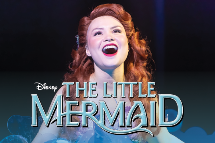 A photograph of Ariel singing with "The Little Mermaid" wordmark superimposed. 