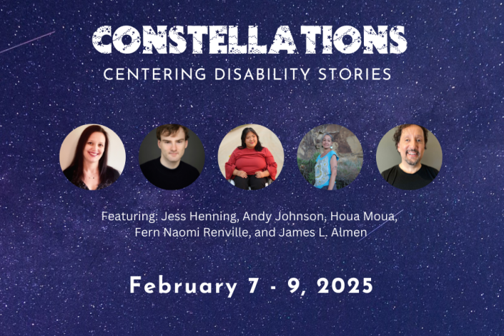 Participant headshots from left to right: Jess Henning, Andy Johnson, Houa Moua, Fern Naomi Renville, and James L. Almen, in front of a dark purple starry background. 