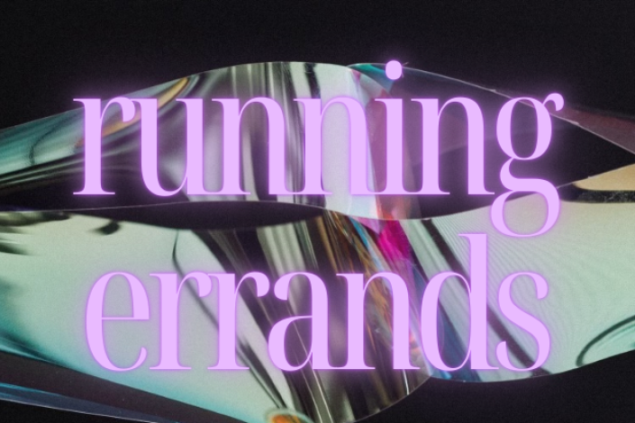 Purple "Running Errands" text with silver foil and black background