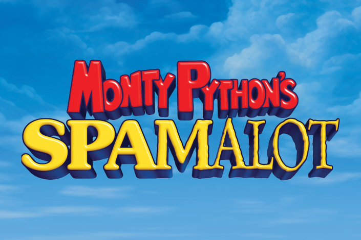 Stylized show title on a blue sky background reading "Monty Python's Spamalot"